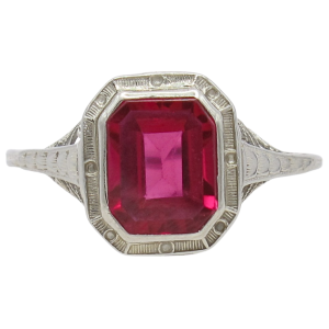2ct Emerald Cut Ruby Filigree Art Deco Ring 14K White Gold front