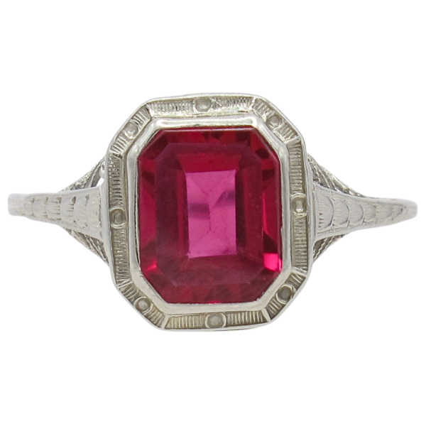2ct Emerald Cut Ruby Filigree Art Deco Ring 14K White Gold front