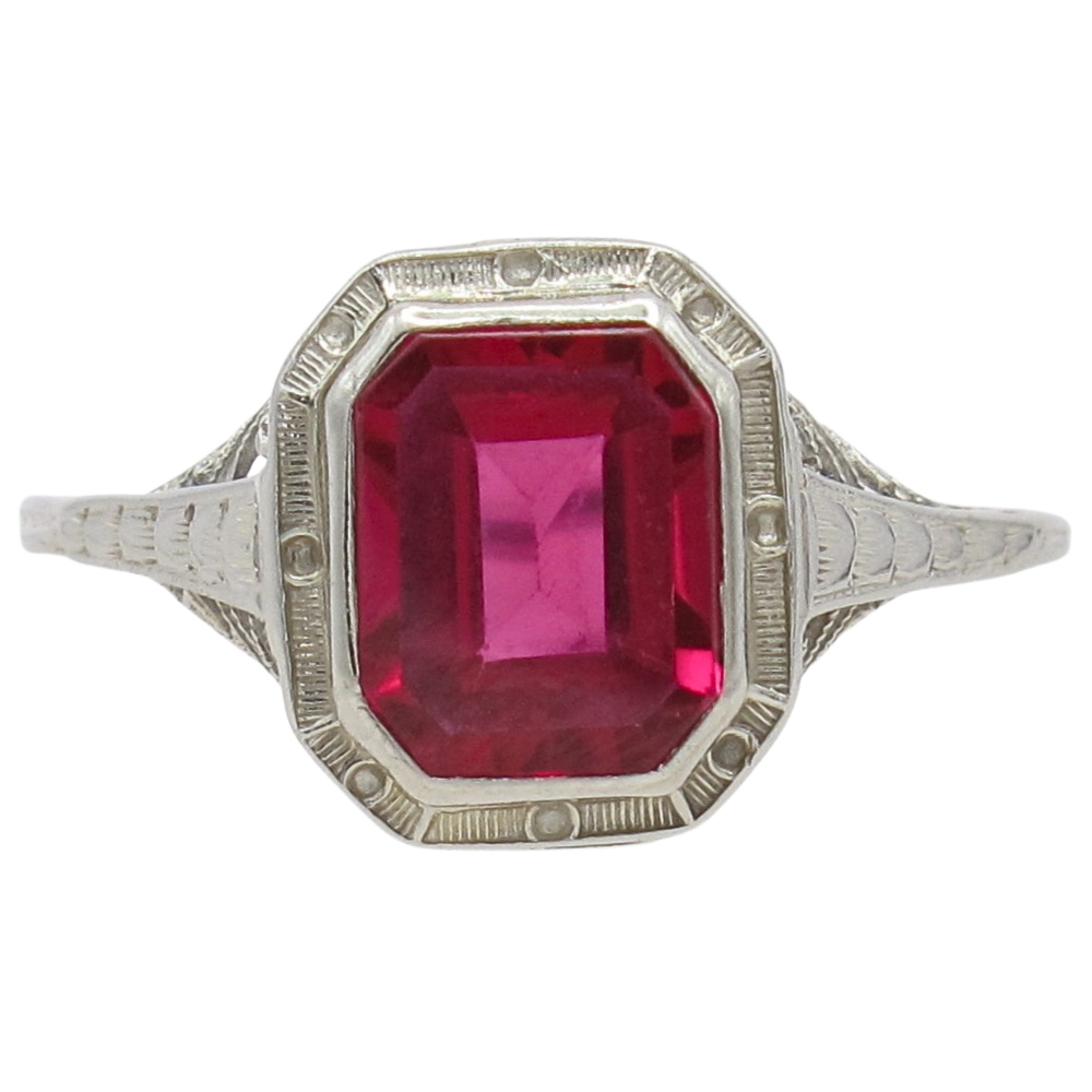 2ct Emerald Cut Ruby Filigree Art Deco Ring 14K