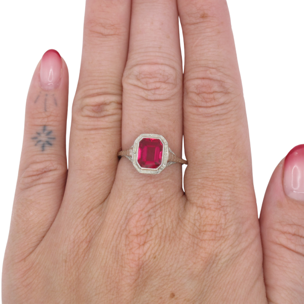 2ct Emerald Cut Ruby Filigree Art Deco Ring 14K White Gold worn