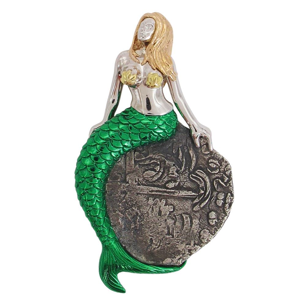 1622 Atocha Shipwreck 4 Reales in Custom 14k Mermaid Pendant
