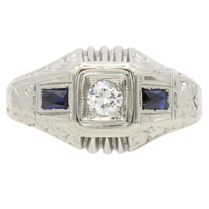 .46ctw Diamond & Sapphire Detailed Art Deco Ring 18K front