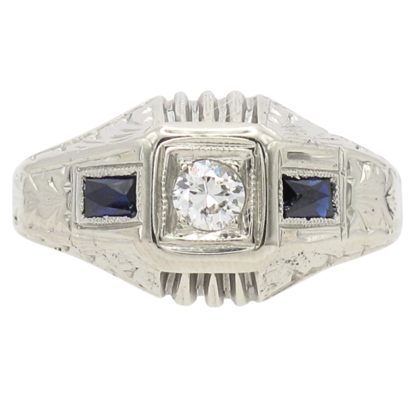 .46ctw Diamond & Sapphire Detailed Art Deco Ring 18K front