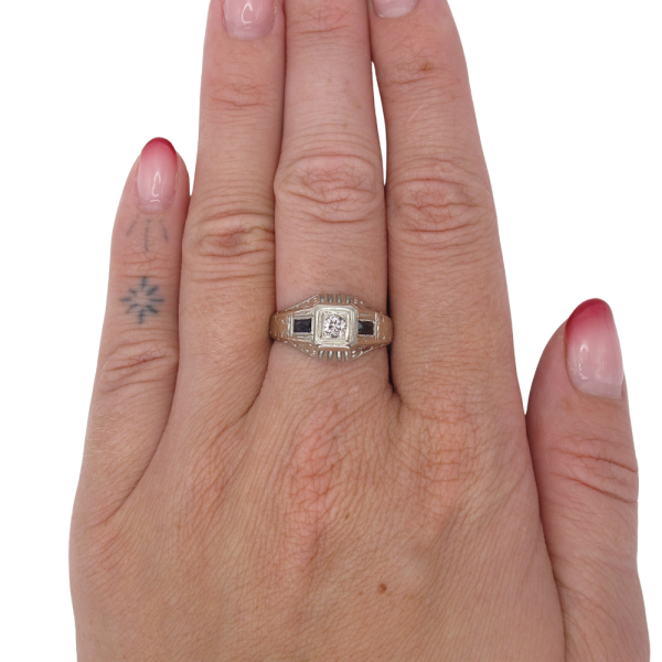 .46ctw Diamond & Sapphire Detailed Art Deco Ring 18K worn