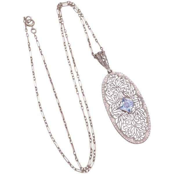 Art Deco 0.82ct Aquamarine Necklace 14K White Gold