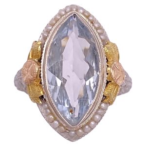 Art Deco 2.39ct Aquamarine Ring with Seed Pearl Accents 14K Gold