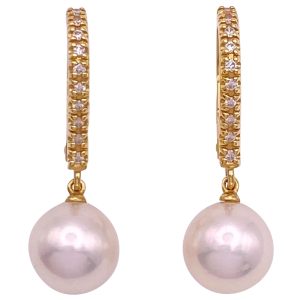 Cultured Pearl Dangle Earrings with Diamond Accents 18K Gold