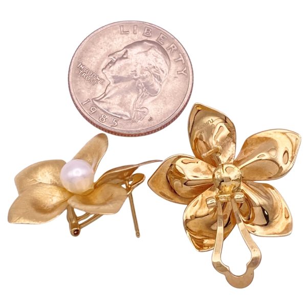Cultured Pearl Flower Statement Earrings 14K Gold back