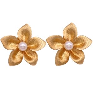 Cultured Pearl Flower Statement Earrings 14K Gold front