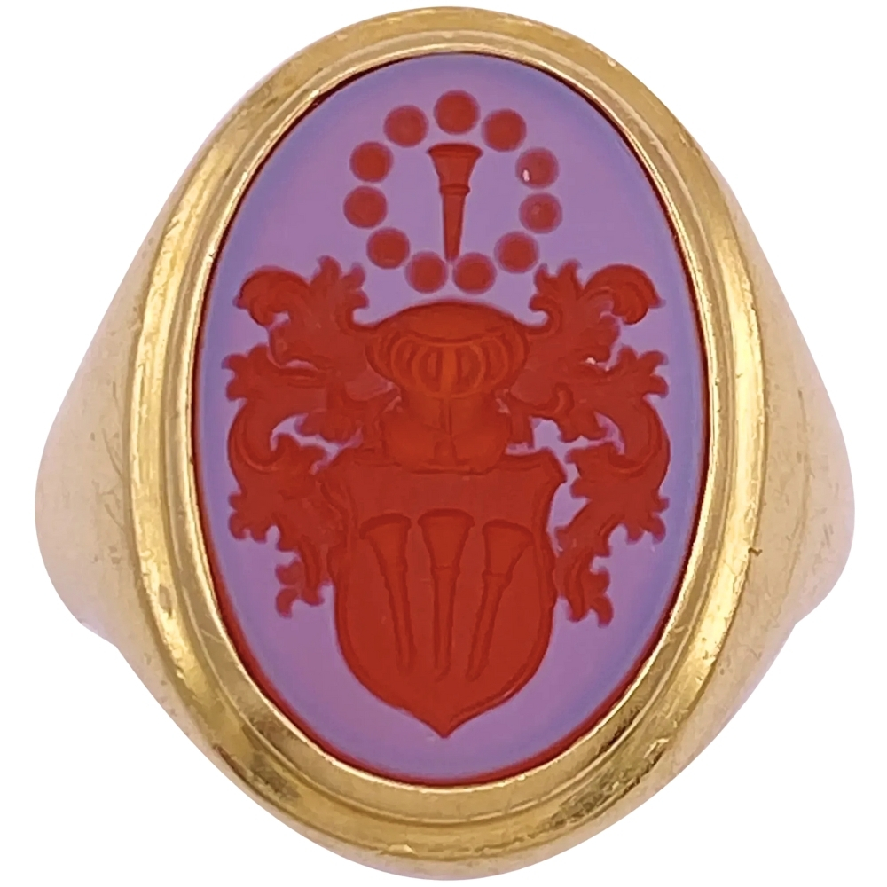 Heraldic Crest Banded Agate Intaglio Signet Ring 18K Gold