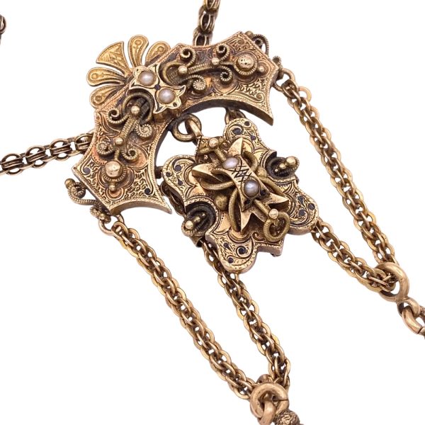 Victorian Era Double Tassel Necklace 14K Gold close up