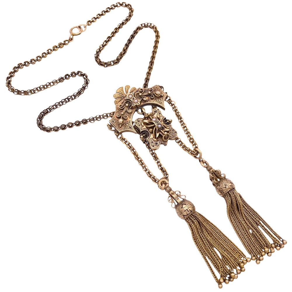 Victorian Era Double Tassel Necklace 14K Gold