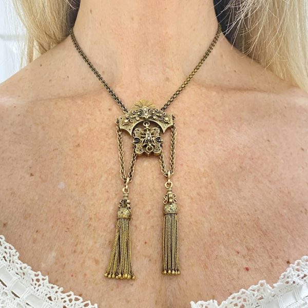 Victorian Era Double Tassel Necklace 14K Gold worn