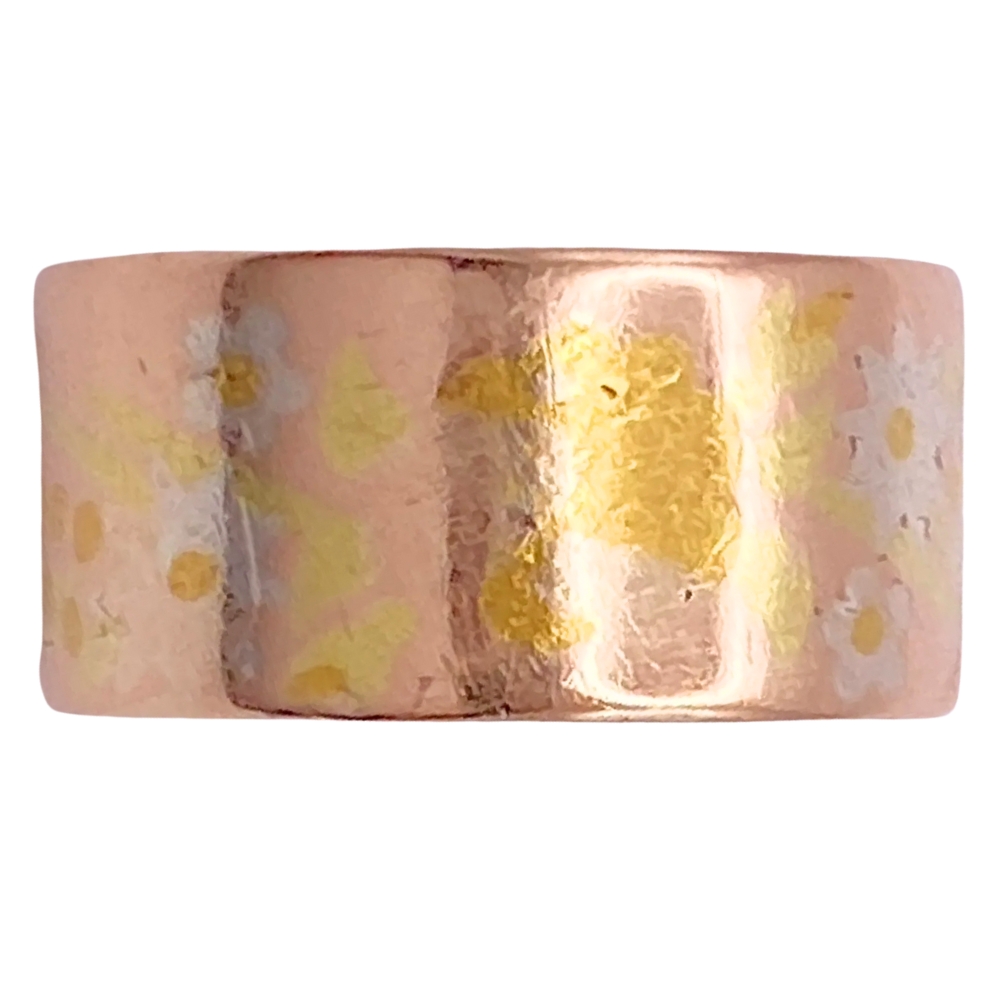 Victorian Floral Inlay Wide Band Ring 14K Gold