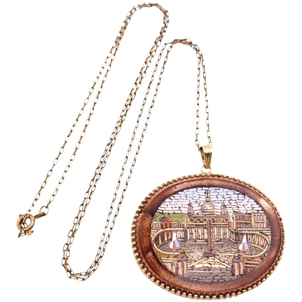 Victorian Grand Tour Micro Mosaic Necklace 14K Gold