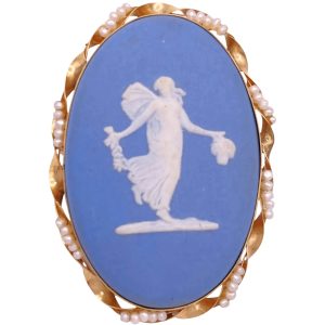 Wedgwood Blue Cameo Pendant Brooch 14K Gold
