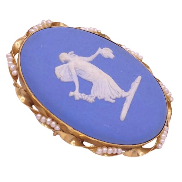 Wedgwood Blue Cameo Pendant Brooch 14K Gold side
