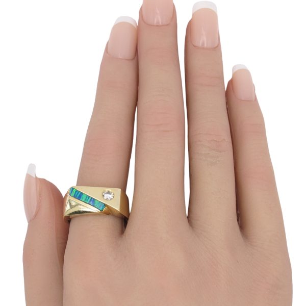 Diamond & Opal Men's Ring 14K Gold worn